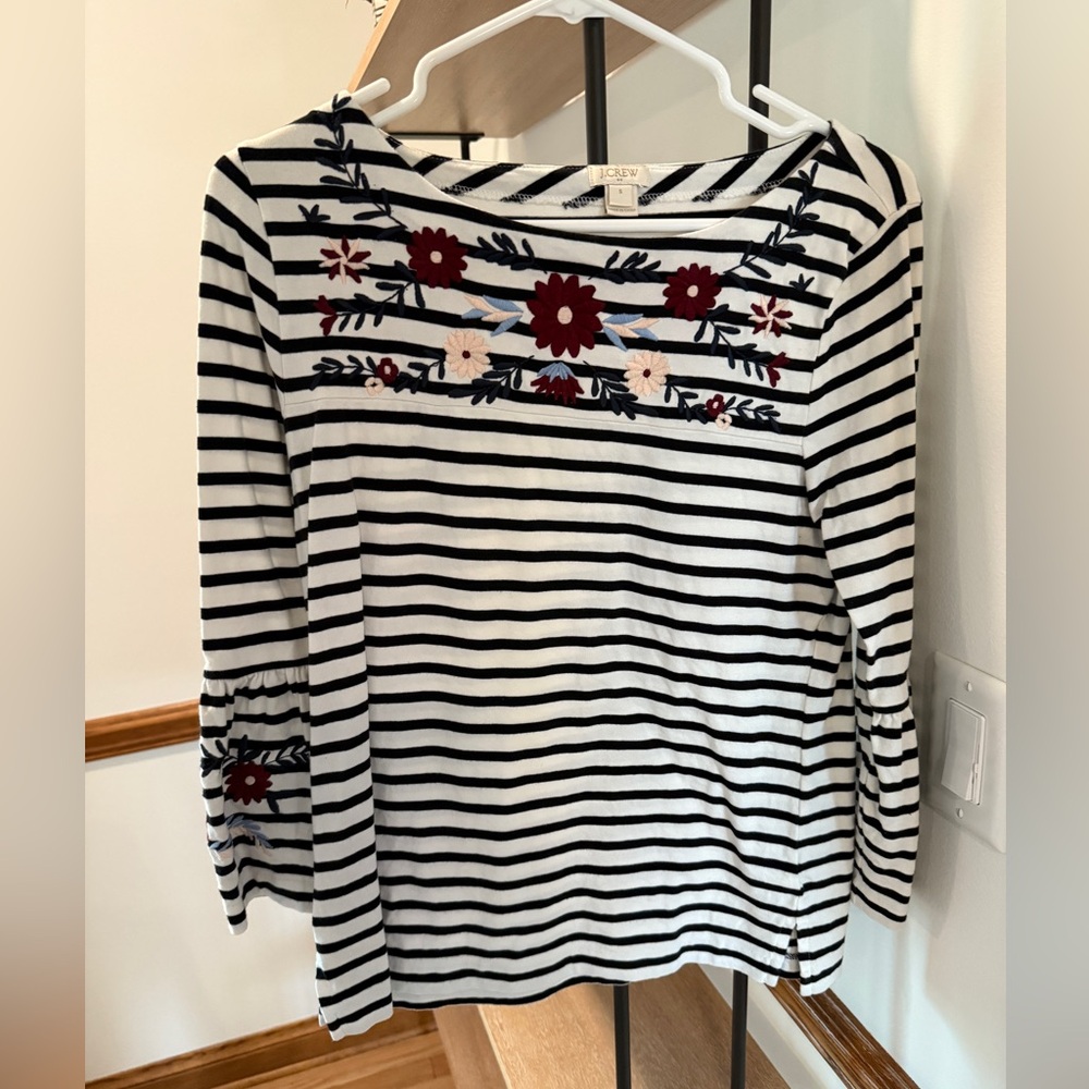 J. Crew Black and White Striped Top with Floral Embroidery